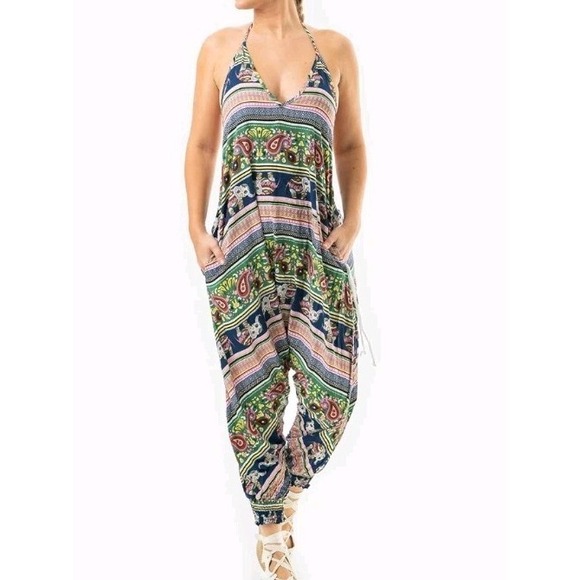 Buddha Pants Womens Halter Jumpsuit Sz M SAVANNAH HAREM JUMPER Pink Elephant - Picture 2 of 9